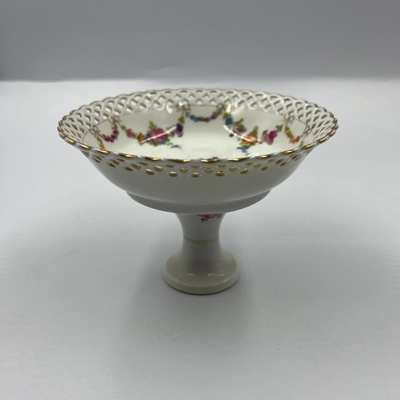Vintage China Floral Princess Scalloped Edge Serving Candy Dish W Stand Unique - Picture 5 of 12
